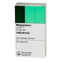 Мирапекс табл. 0.25 мг №30, Берингер Ингельхайм Фарма ГмбХ и Ко.КГ
